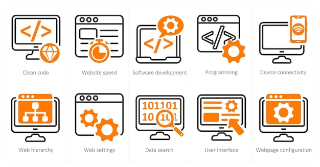 a set of 5 business and seo icons as clean code website speed software development