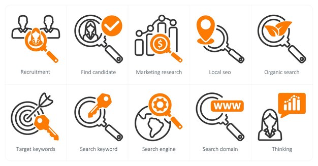 A set of 5 business and seo icons as recruitment find candidate marketing research