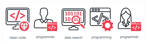 A set of 5 business icons as clean code programmer data search