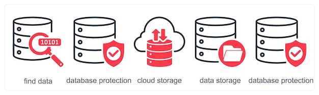 A set of 5 business icons as find data database protection cloud storage