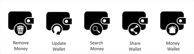 a set of 5 business icons as remove money update wallet search money