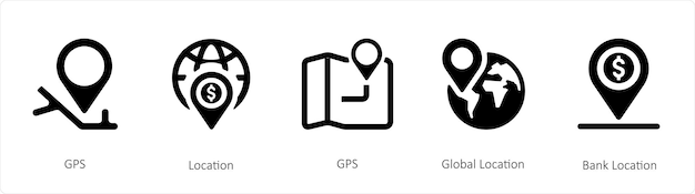 A set of 5 business icons such as GPS Location Global Location