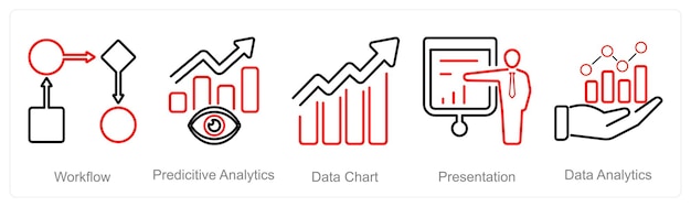 A set of 5 data analytics icons as workflow predictive analytics data chart