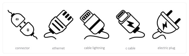 a set of 5 device icons as connector ethernet cable lightning