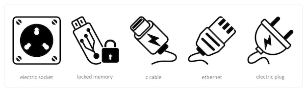 a set of 5 device icons as electric socket locked memory c cable