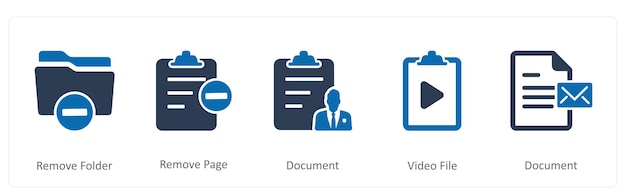 A set of 5 Document icons as remove folder remove page document