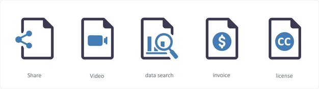 A set of 5 files icons such as Share video data search invoice