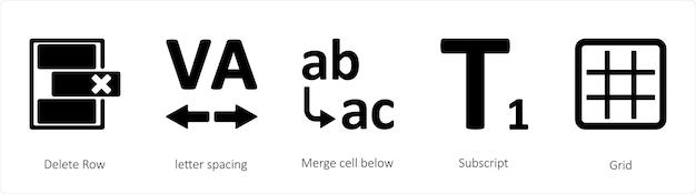 A set of 5 graphic tools icons such as Delete Row letter spacing