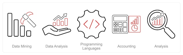 A set of 5 Hard Skills icons as data mining data analysis programming languages