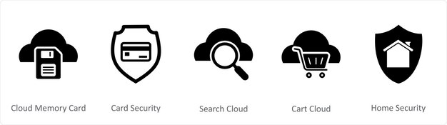 A set of 5 Internet black icons as cloud memory card card security search cloud