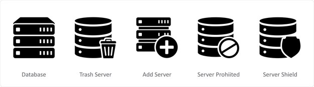 A set of 5 Internet black icons as database trash server add server