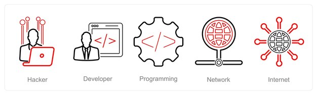 A set of 5 Internet Computer icons as hacker developer programming