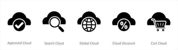 A set of 5 Internet icons as approved cloud search cloud global cloud
