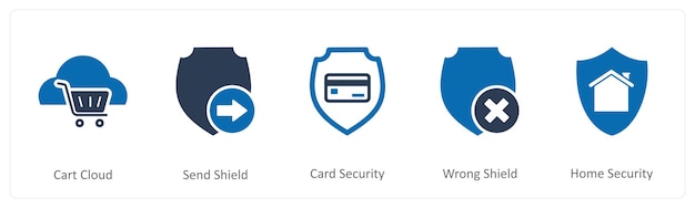 A set of 5 Internet icons as cart cloud send shield card security