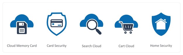 A set of 5 Internet icons as cloud memory card card security search cloud