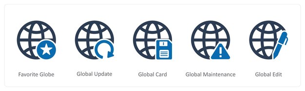 A set of 5 Internet icons as favorite globe global update global card