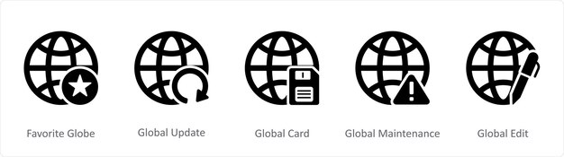A set of 5 Internet icons as favorite globe global update global card