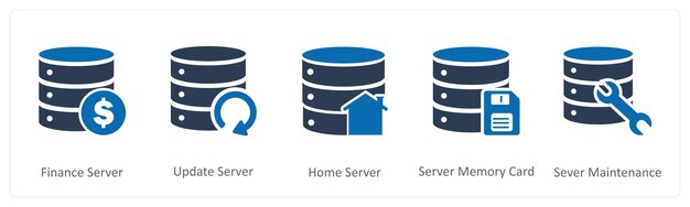 A set of 5 Internet icons as finance server update server home server