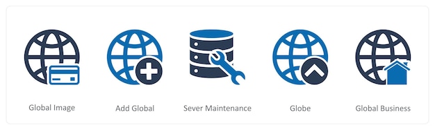 A set of 5 Internet icons as global image add global server maintenance