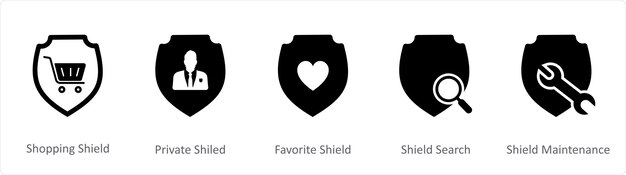 A set of 5 Internet icons as shopping shield private shield favorite shield