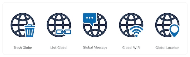 A set of 5 Internet icons as trash globe link global global message