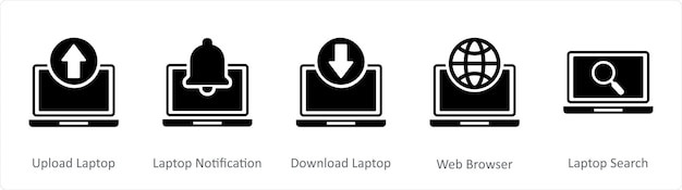 A set of 5 Internet icons as upload laptop laptop notification download laptop