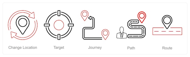 A set of 5 Location icons as change location target journey