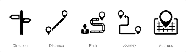 A set of 5 Location icons as direction distance path
