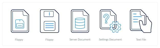 A set of 5 mix icons as floppy server document settings document