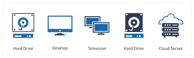 A set of 5 Mix icons as hard drive desktop television