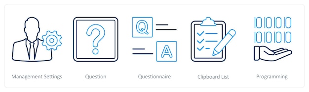 A set of 5 mix icons as management settings question questionnaire