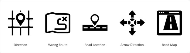 A set of 5 Navigation icons such as Direction wrong route