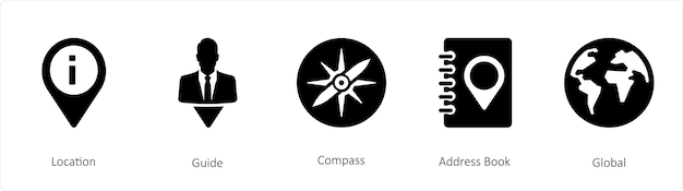 A set of 5 Navigation icons such as Location Guide Compass