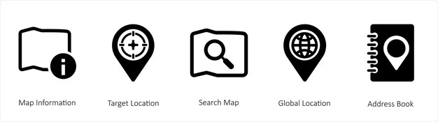 a set of 5 navigation icons such as map information target location