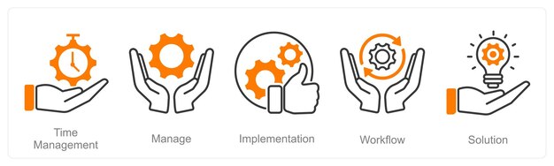 a set of 5 project management icons as time management manage implementation