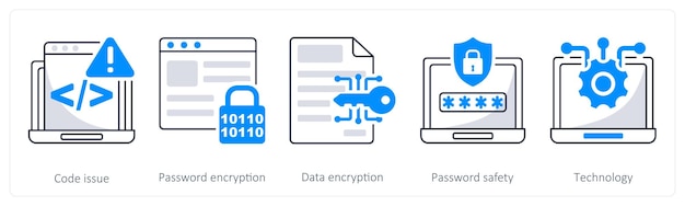 A set of 5 security icons as code issue password encryption data encryption