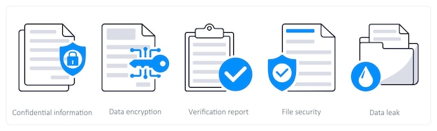 A set of 5 security icons as confidential information data encryption verification report