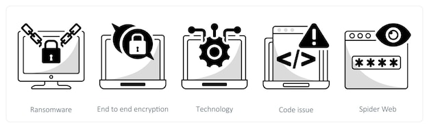 A set of 5 security icons as ransomware end to end encryption technology