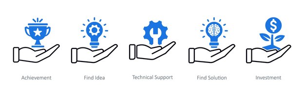 A set of 5 Seo icons as achievement find idea technical support