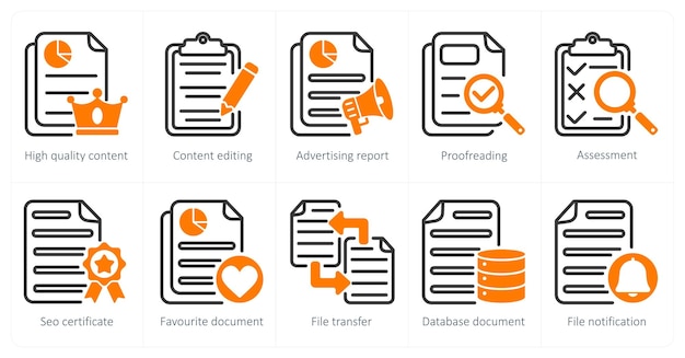 A set of 5 seo icons as high quality content content editing advertising report