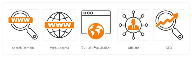 A set of 5 Seo icons as search domain web address domain registration