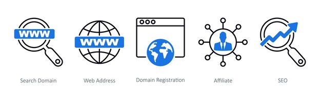 A set of 5 Seo icons as search domain web address domain registration