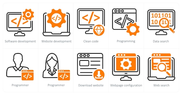A set of 5 seo icons as software development website development clean code