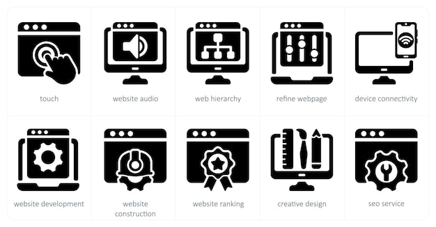 a set of 5 seo icons as touch website audio web hierarchy