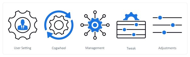 a set of 5 settings icons as user setting cogwheel management