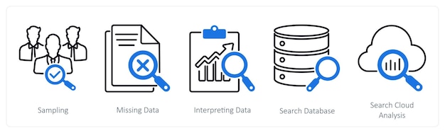 A set of 5 Statistics icons as sampling missing data interpreting data
