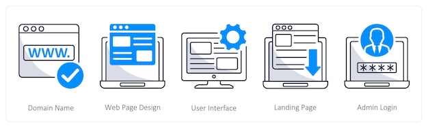 A set of 5 web design icons as domain name web page design user interface