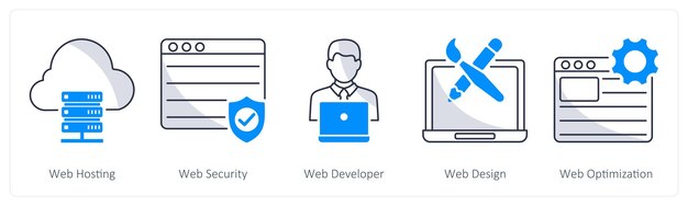 A set of 5 web design icons as web hosting web securityweb developer