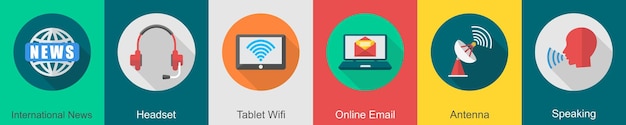 A set of 6 communication icons as international news headset tablet wifi