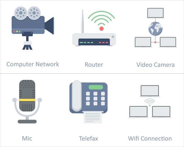A set of 6 communication icons as video camera router computer network